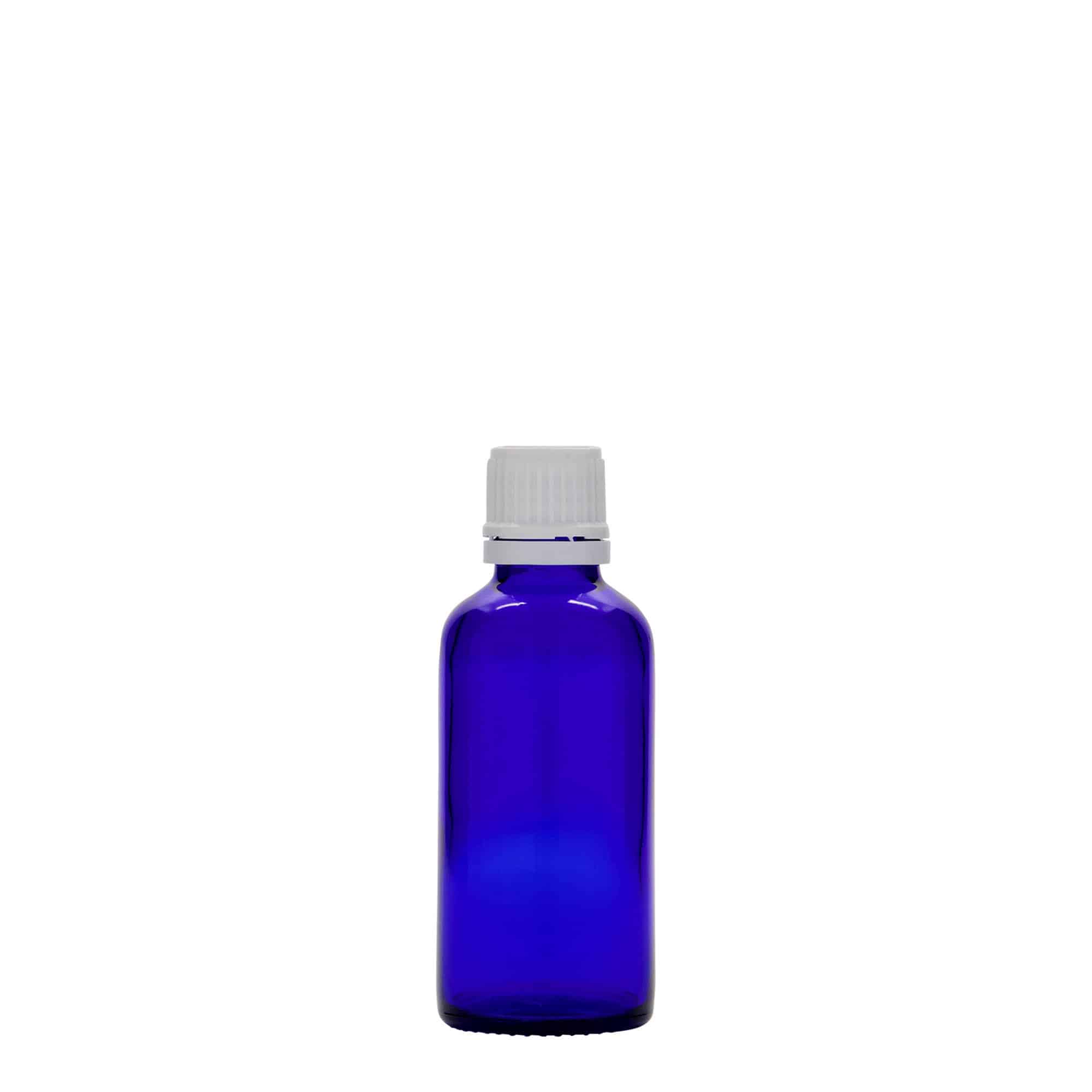 50 ml steklenica za zdravila, steklo, kraljevsko modra, ustje: DIN 18