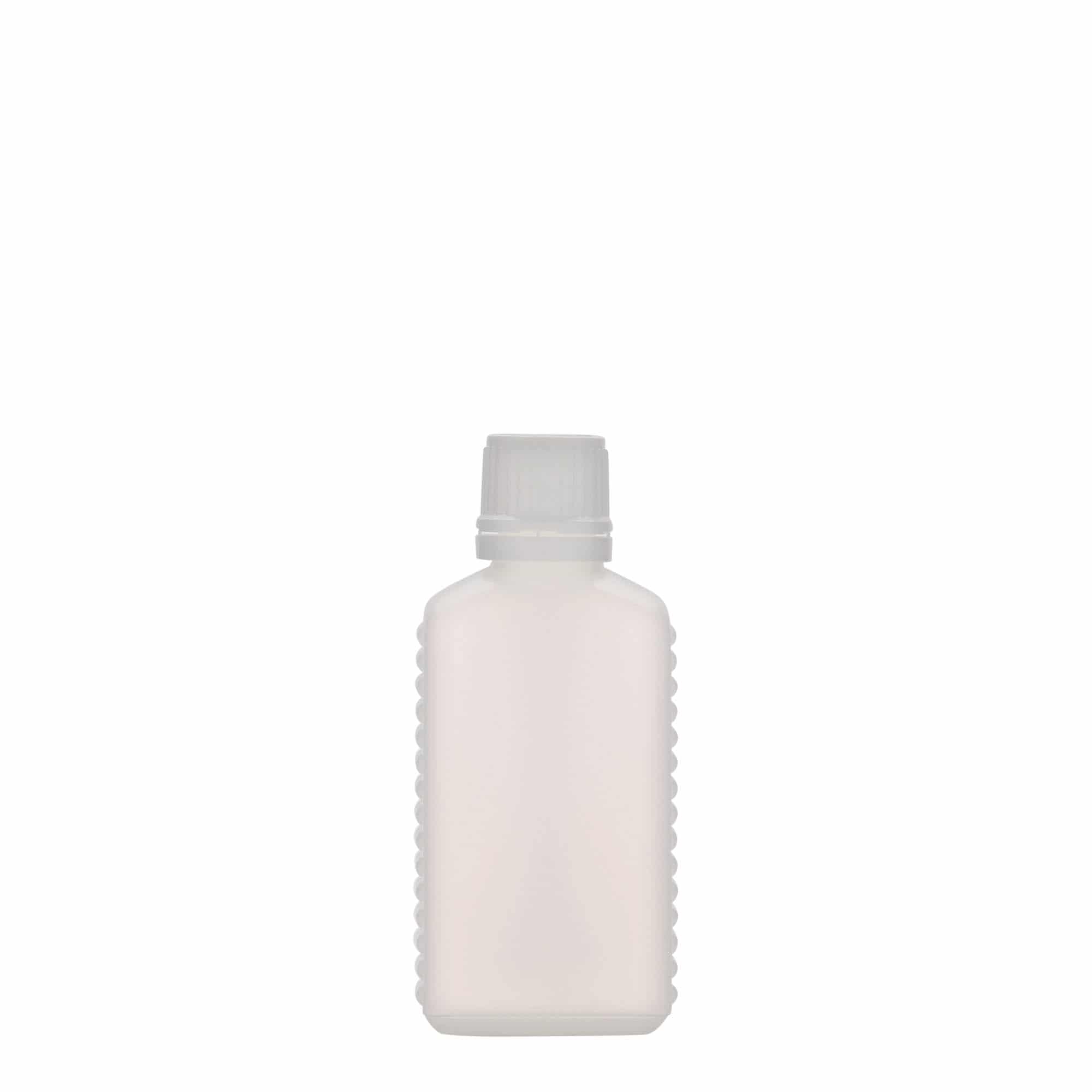 50 ml steklenica kanister z ozkim grlom, pravokotna, plastika HDPE, naravna, ustje: DIN 18