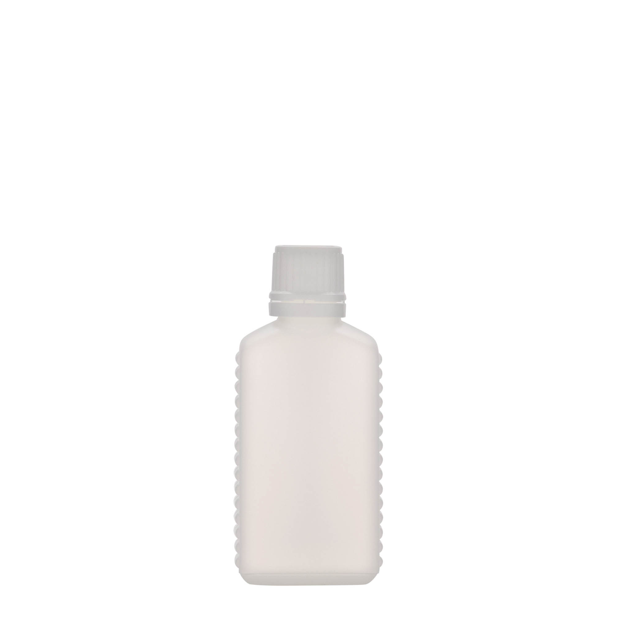 50 ml kanister steklenička z ozkim vratom, pravokotna, HDPE-plastika, naravna barva, odprtina: DIN 18