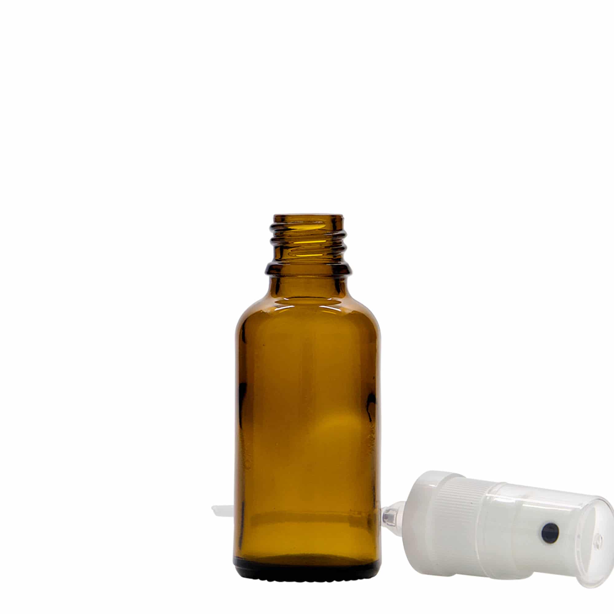 30 ml steklenica z razpršilnikom za zdravila, steklo, rjava, ustje: DIN 18