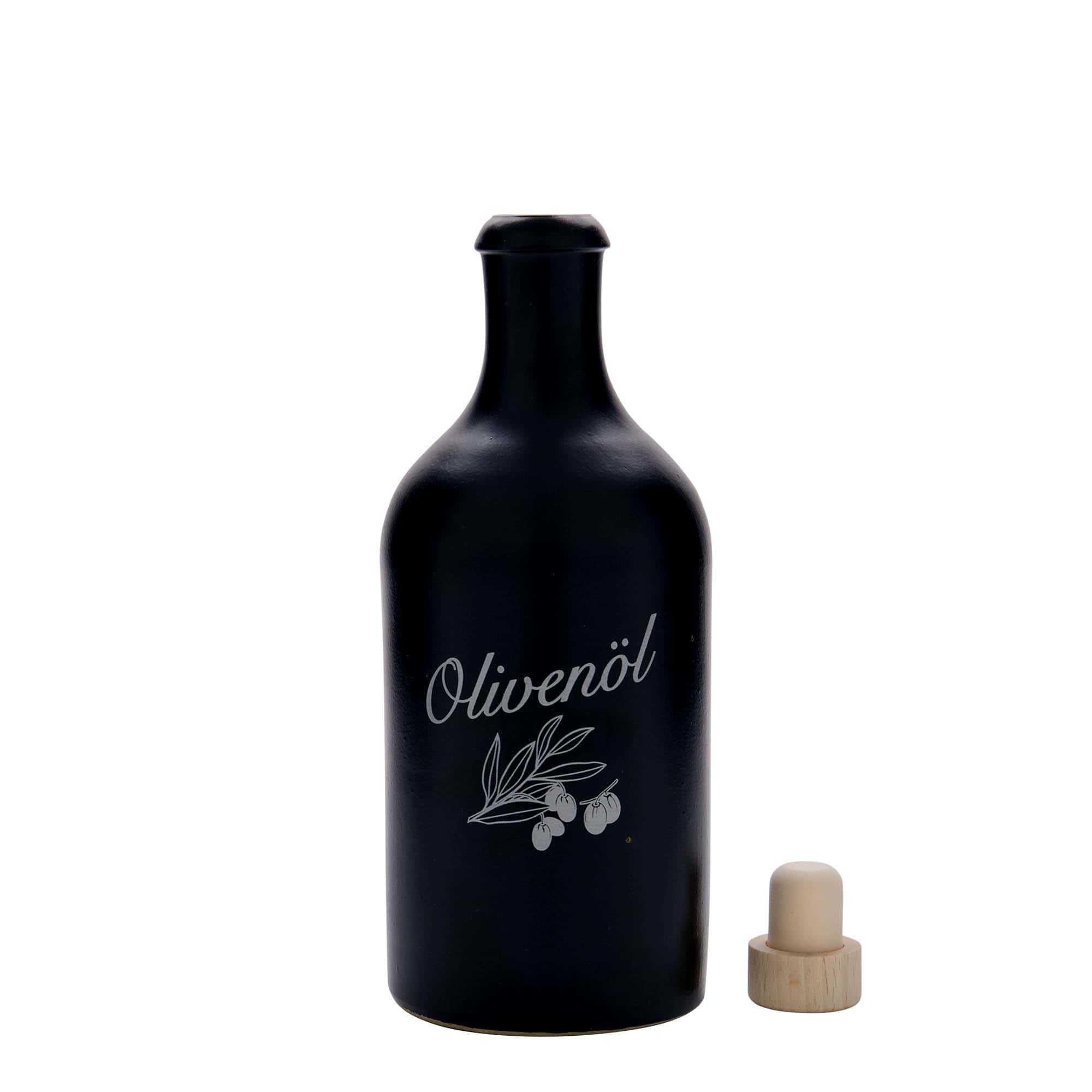 500 ml glineni vrč, motiv: oljčno olje, kamenina, črn, odprtina: pluta