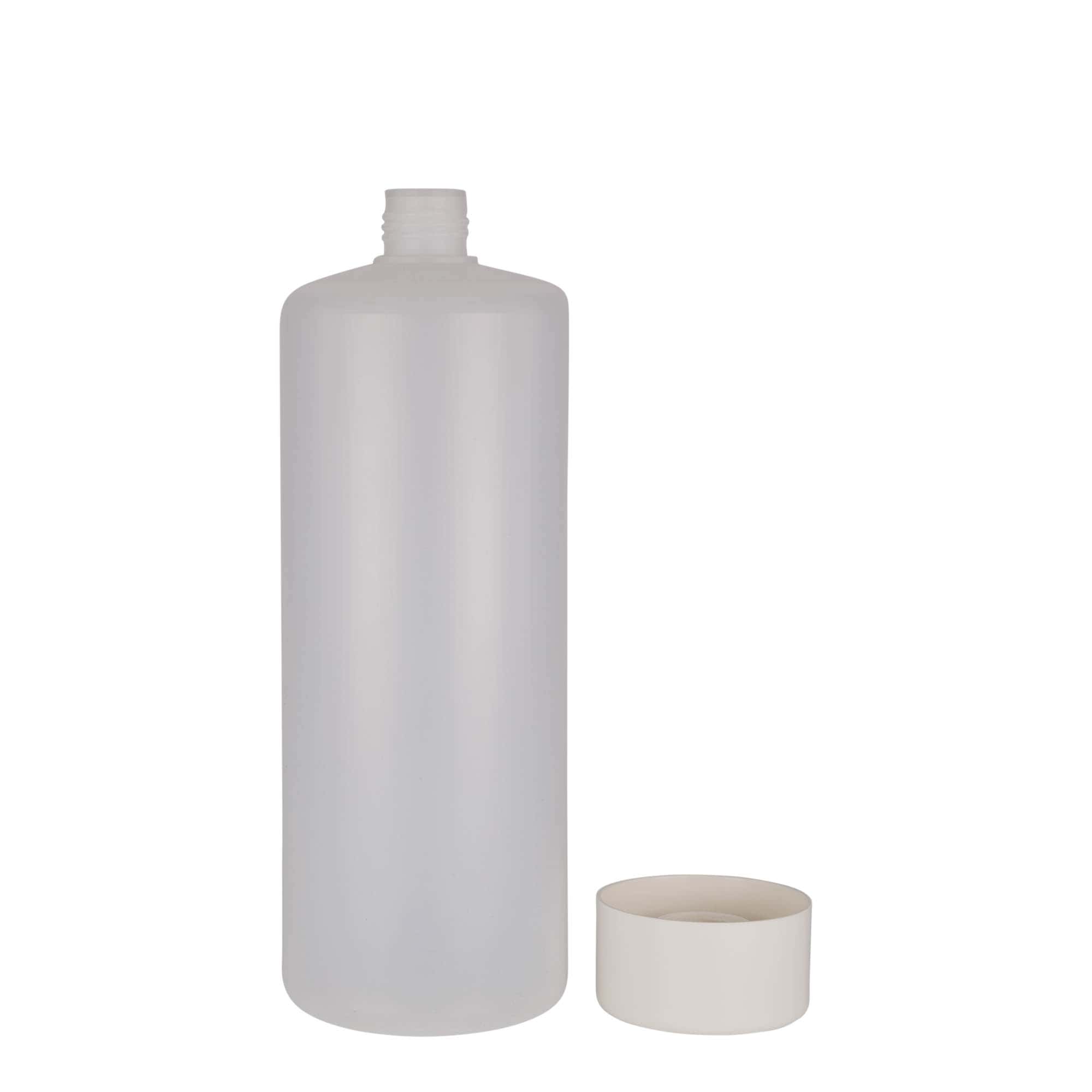1000 ml okrogla steklenica, plastika PE, naravna, ustje: navojni zamašek