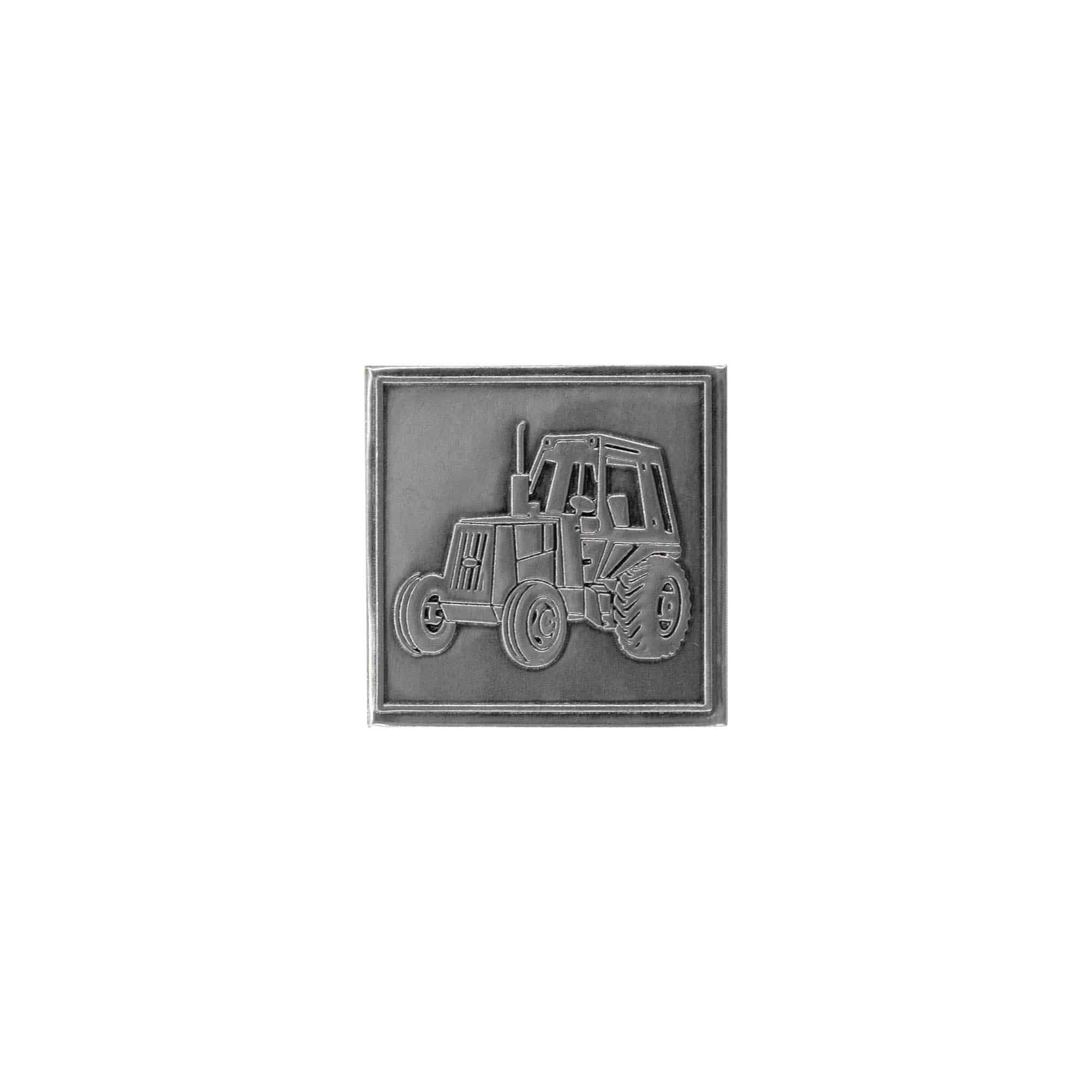 Kositrna etiketa »Traktor«, kvadratna, kovina, srebrna Kositrna etiketa »Traktor«, kvadratna, kovina, srebrna