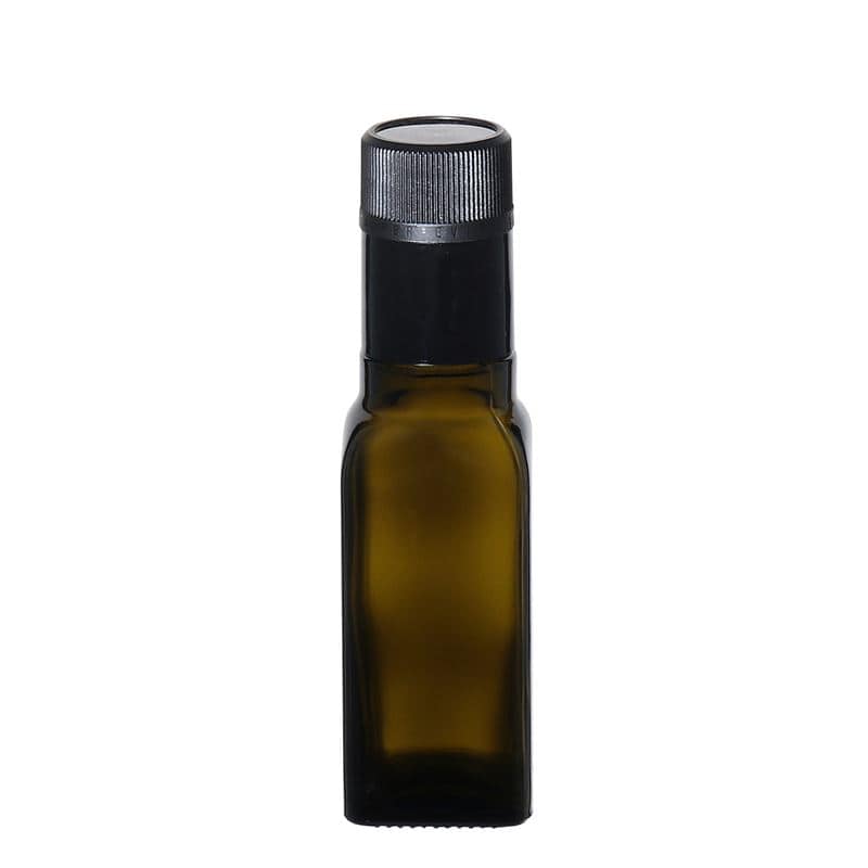 100 ml steklenica za kis/olje »Qudra«, steklo, kvadratna, antično zelena, ustje: DOP