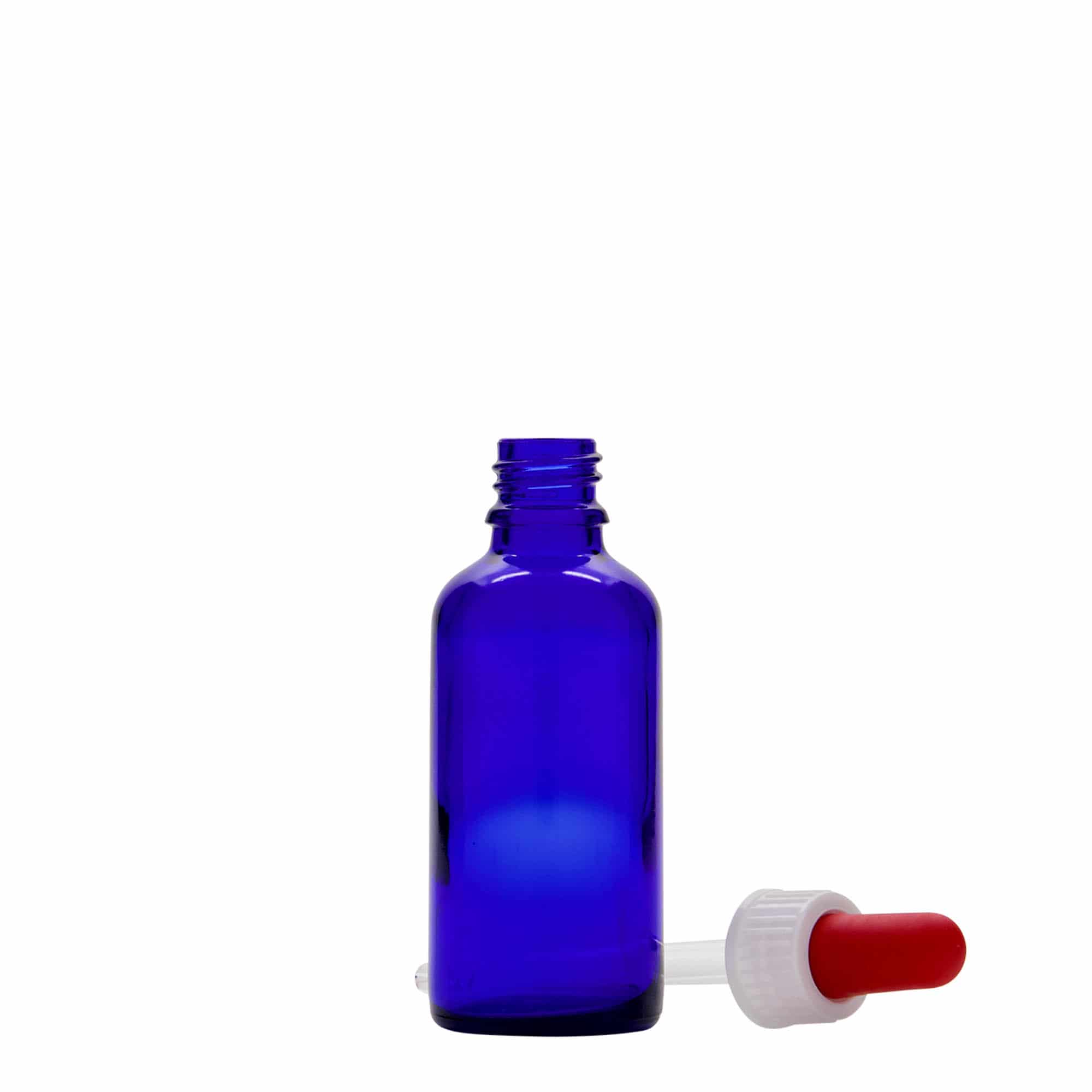 50 ml steklenica s pipeto za zdravila, steklo, kraljevo modra-rdeča, ustje: DIN 18