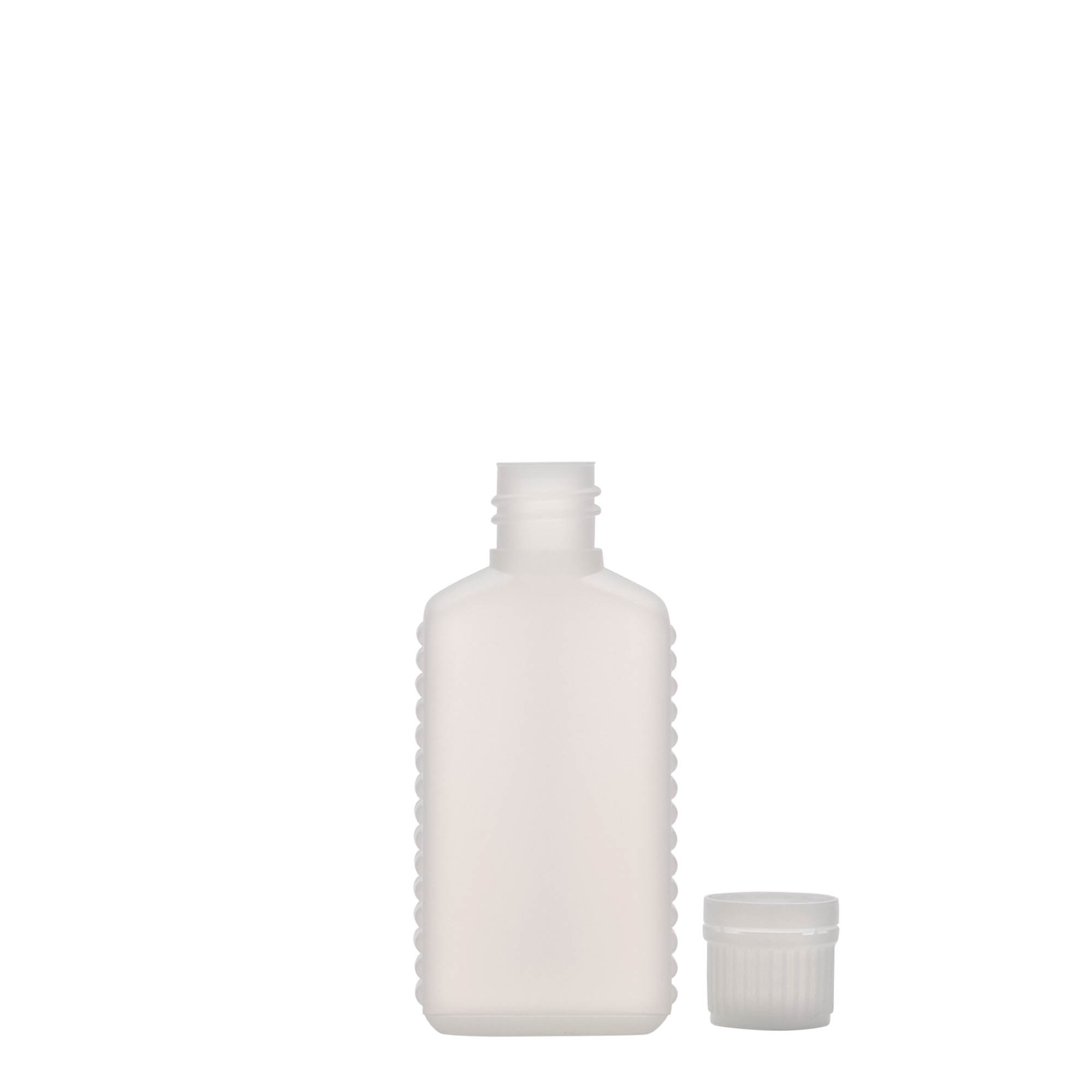 50 ml kanister steklenička z ozkim vratom, pravokotna, HDPE-plastika, naravna barva, odprtina: DIN 18